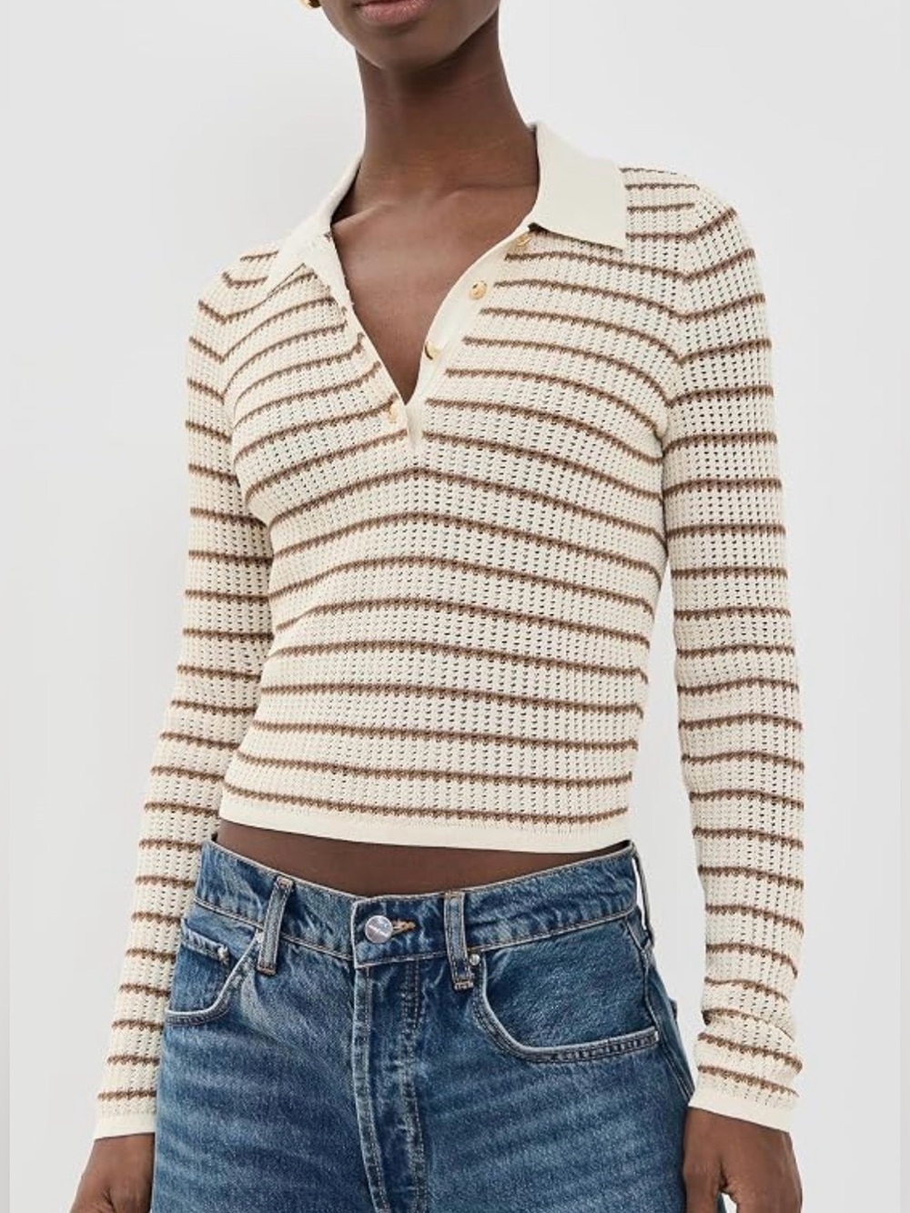 rag & bone Cream and Brown Striped V‑Neck Polo Sweater